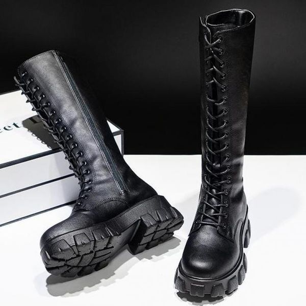 

boots high knee-high pu heels for women fashion shoes 2021 spring autumn booties female plus size 35-43, Black