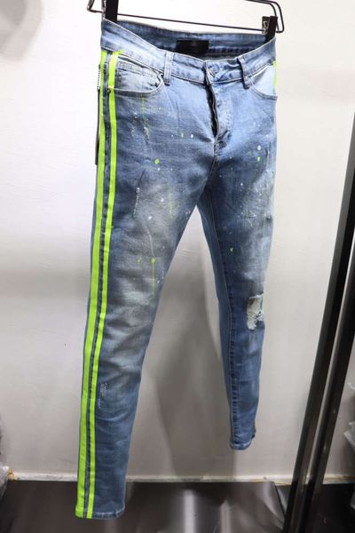 

arrivals solid classic style fashion straight fit biker designer mens jeans stripe broken hole stripes pants us size 29-40, Blue