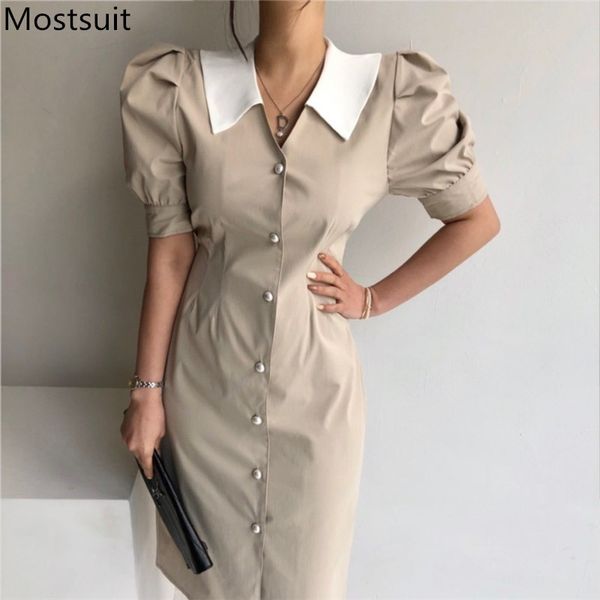 

korean elegant single-breasted women long dress summer puff sleeve turn-down collar fashion ladies vestidos femme 210518, Black;gray