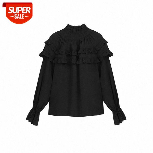 

french gentle, small collar and ruffled court shirt with blouse #aj55, White