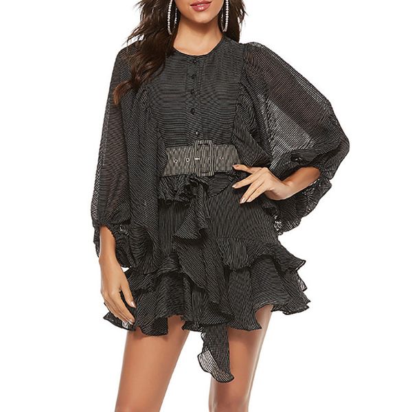 

SeeBeautiful Vintage Dress Female Ruffles Patch Belts Round Collar Lantern Sleeve Loose Irregular Summer 2021 New Fashion L258, Black