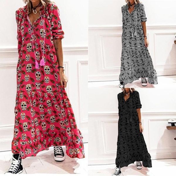 

casual dresses women's loose plus size dress 2021 printed v-neck tie bag hip mid-sleeve long skirt, Black;gray
