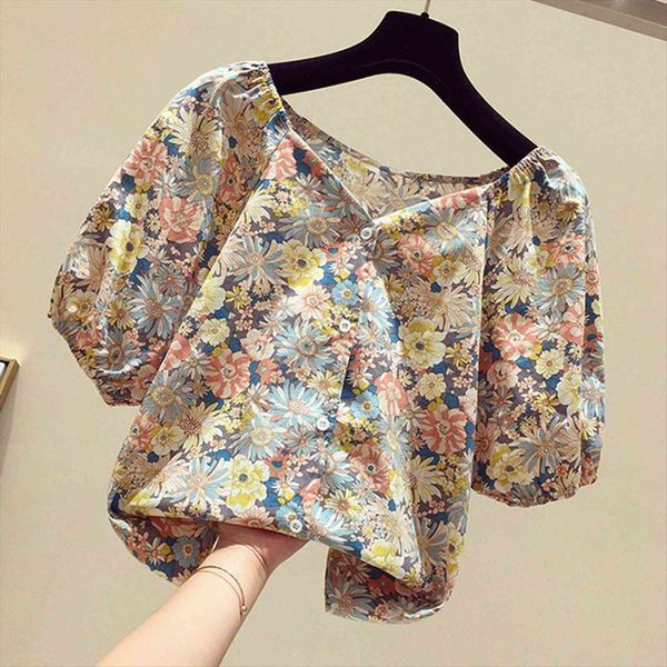 

40 vintage floral print womens blouses square collar puff sleeve hooks button shirts women summer top, White