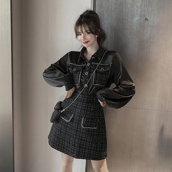 

plus size tracksuits fall 2021 two piece set women tweed patchwork chiffon shirt and woolen a-line skirt suits with bag mh987