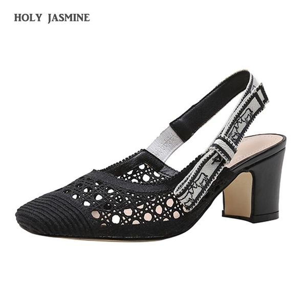 

summer sandals women shoes pointed toe women's high heels 2021 net woven single baotou casual square heel, Black