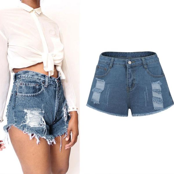 

women's jeans women fashion mini versatile pure color hole denim loose casual shorts, Blue