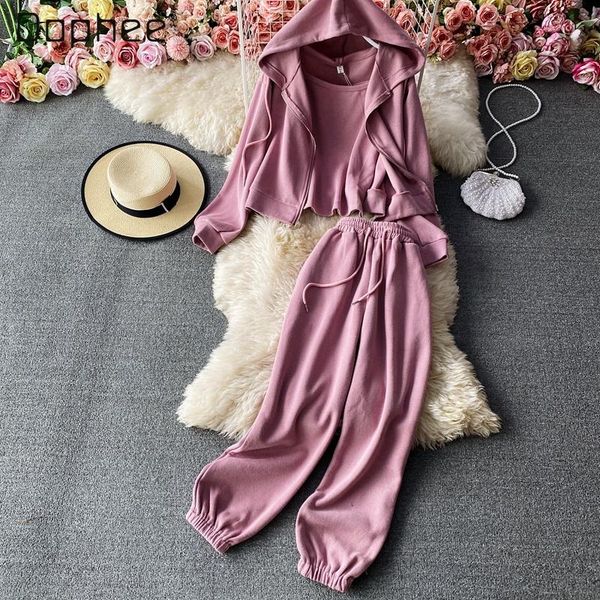 

spring casual fashion short zipper hooded long sleeve sports pants female ankle-tied sweatpants trousers two-piece suit women's two pie, White