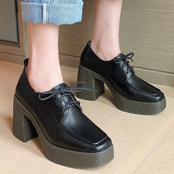 

dress shoes women's genuine leather chunky heel platform pumps square toe lace-up gradient color retro thick high daily for women, Black