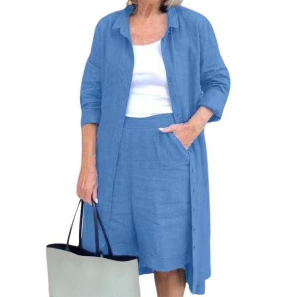 

women's tracksuits women autumn shorts set cotton flax turn-down collar solid color long sleeve style shirt ladies two piece suit, Gray