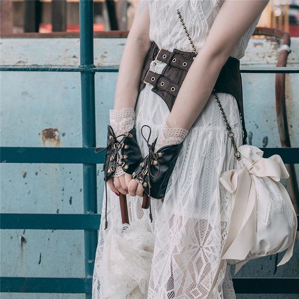 

party masks women steampunk fingerless gloves - brown faux leather lace-up accessories