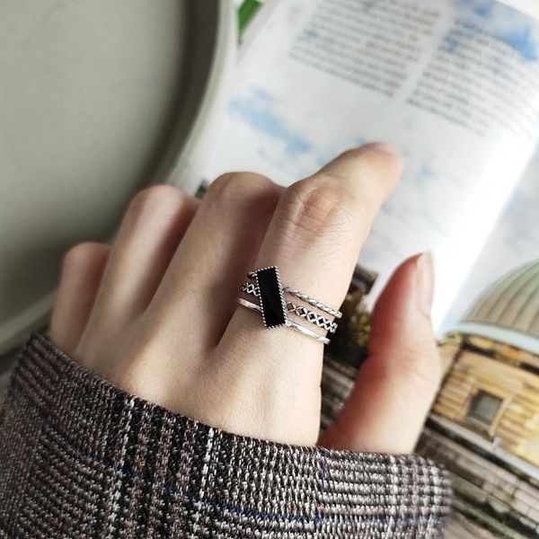 

cluster rings 925 sterling silver rectangle retro drop glaze three layer adjustable ring for women party anniversary fine jewelry, Golden;silver