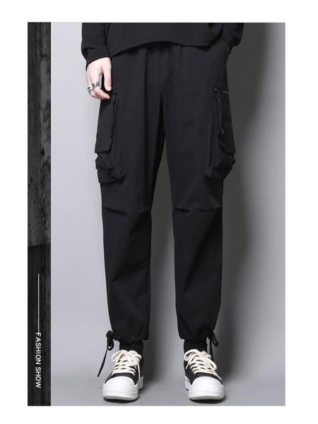 

men's pants spring and autumn loose waist solid color side zipper pocket leg drawstring casual wide, Black