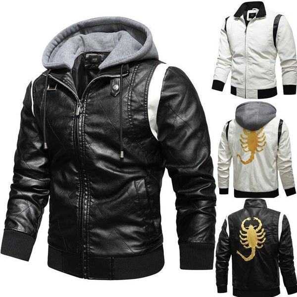 

men's jackets 2021 mens sports outerwear leather handsome hooded rhombus lattice motor punk male back embroidered leisure biker coats, Black;brown