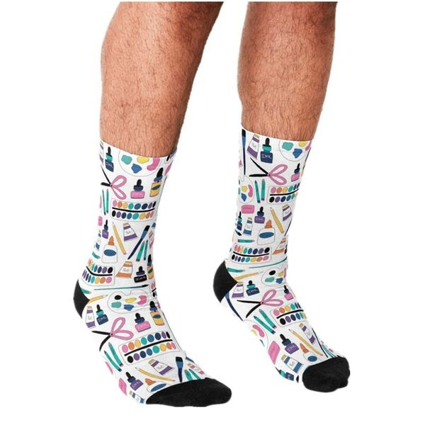

men's socks 2021 funny men's colorful art supplies pattern printed hip hop men happy cute boys street style crazy for, Black
