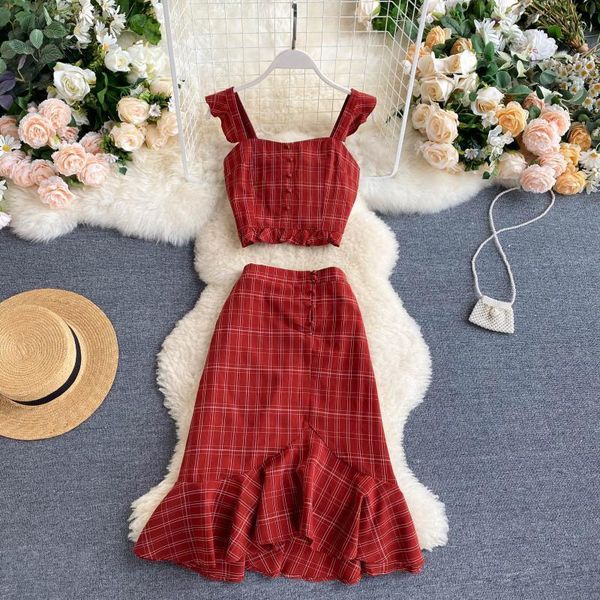 

singrain plaid suits summer womens tracksuits college style button ruched sleeveless elastic bodycon irregular ruffle skirt vintage two pie, Gray