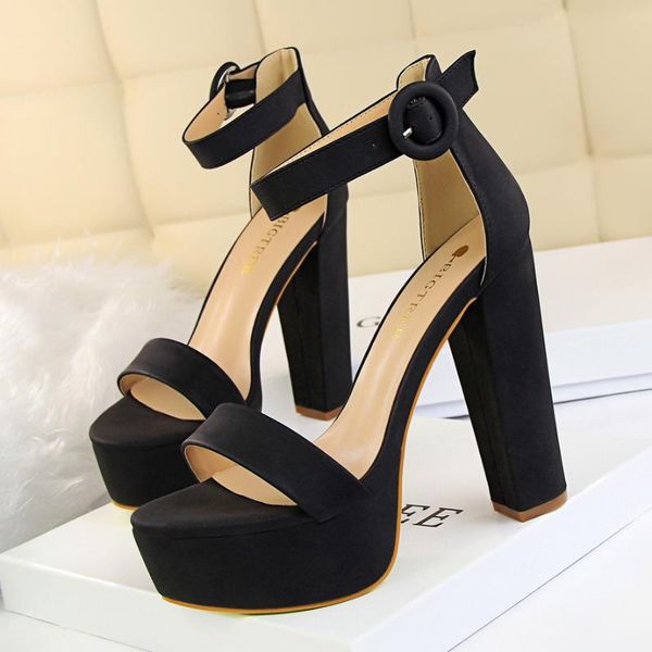 

high heels nightclub women's shoes waterproof platform open toe belt buckle sandals dress, Black