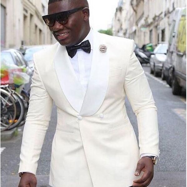 

men's suits & blazers male white ivory suit, shawl jacket and pants, two pieces (jacket + black pants) flbl, White;black