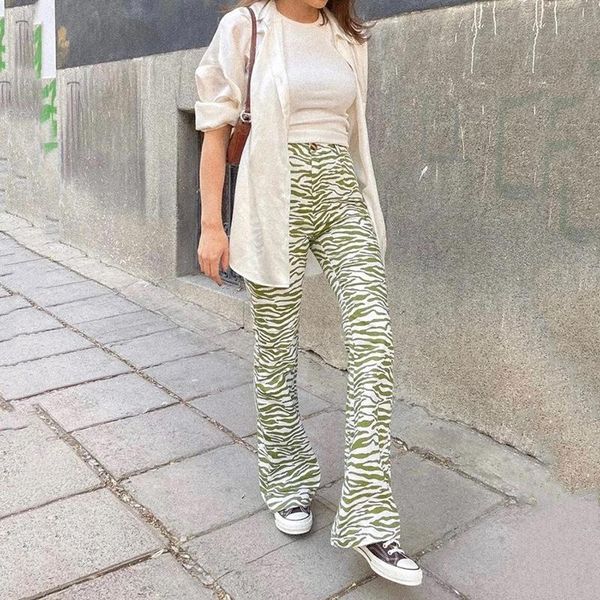 

women's pants & capris 2021 summer style printed green striped trousers street shooting autumn high-waist micro-cut wide-leg female, Black;white