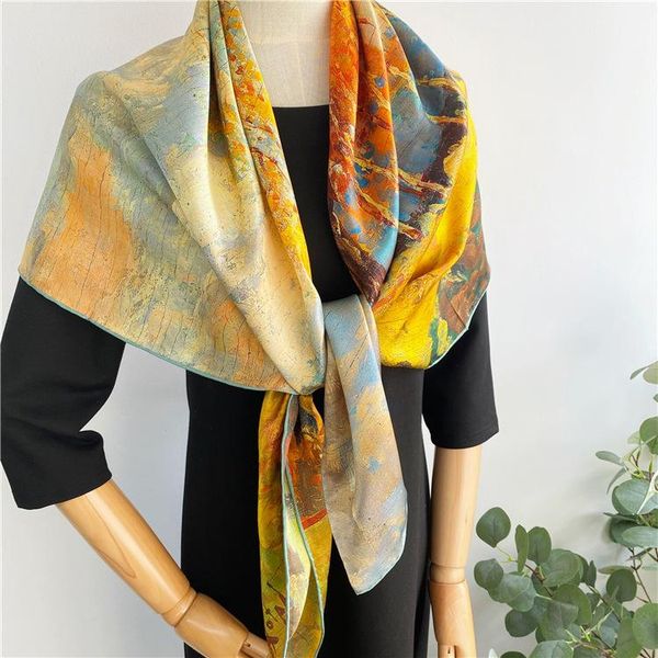 

scarves silk oil painting satin scarf female spring and autumn mulberry versatile scarf106*106, Blue;gray