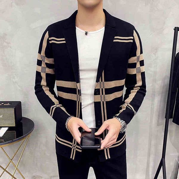 

men's sweaters knitted sweater jacket men fashion brand slim striped long sleeve suit collar cardigan wool coat w9ig, White;black