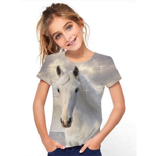 

romantic white horse pattern children 3d printing t-shirt animal print summer daily sweatshirt round neck short sleeve high quality, Blue