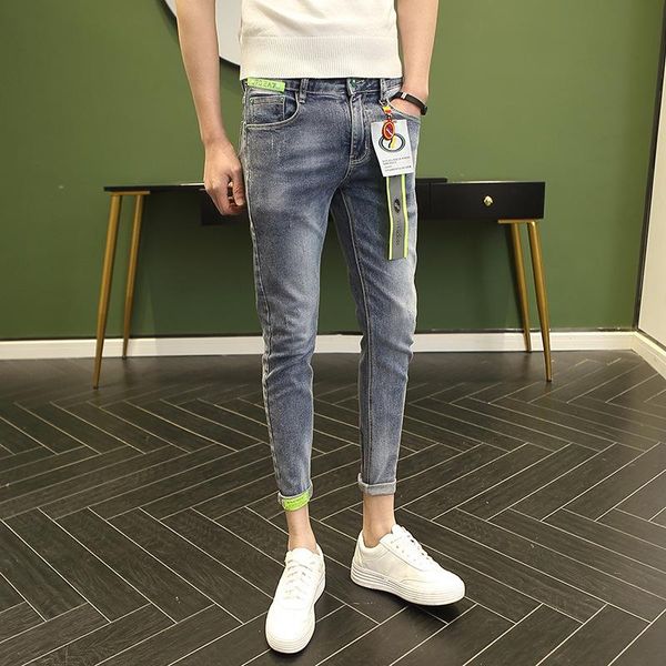 

men's jeans fashion 2021 street casual light blue pencil pants korean slim feet social spirit guy trend teenagers denim