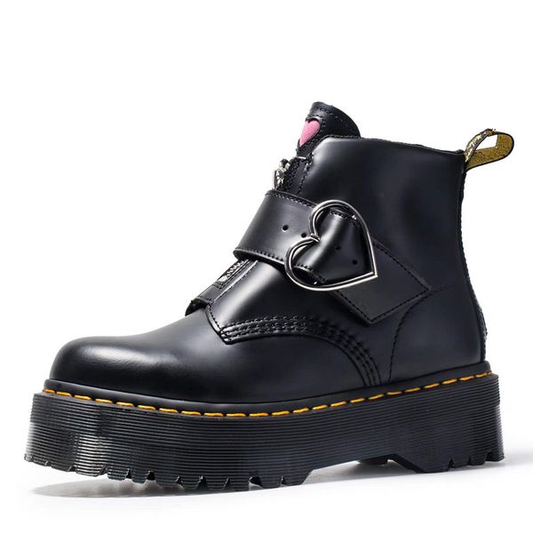 

winter designer boot women thearts martin boots girl fashion female buckles leather short button zipper love thick bottom british wind ladie, Black