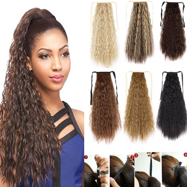 

synthetic wigs 22" corn wave long ponytail hair ribbon binding tie up clip in ponytails hairpiece, Black