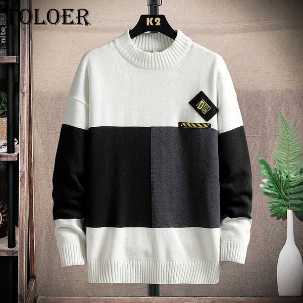 

men's sweaters casual sweater o-neck patchwork slim fit knitwear 2021 autumn mens printing pullovers comfortable long sleeve 3xl, White;black