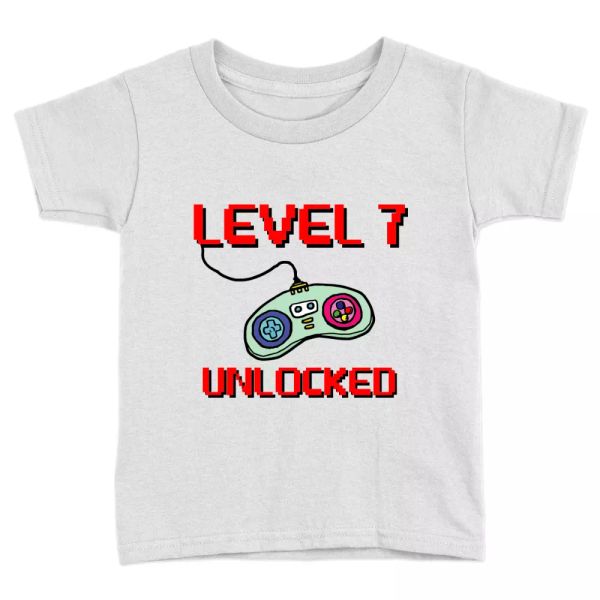 

level 7 kids t-shirt 7th birthday years old cute present top, White;black