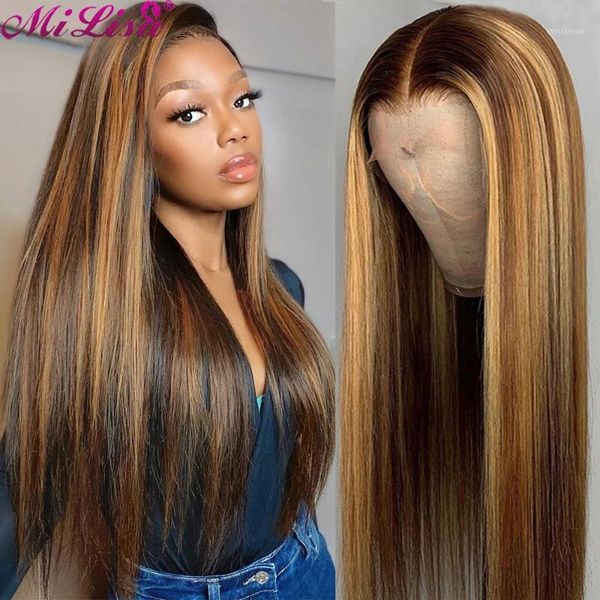 

mi lisa ombre human hair wig straight lace front for women brazilian highlight hd frontal1, Black;brown