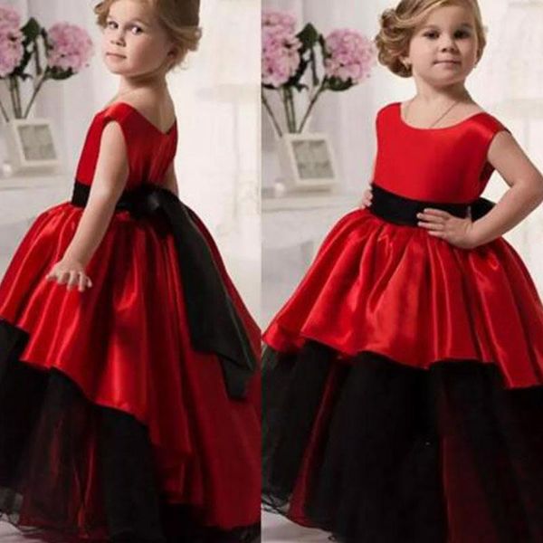

custom o-neck black tulle red satin kids formal wear baby children party dress girls pageant birthday christmas flower dre girl's dress, Red;yellow