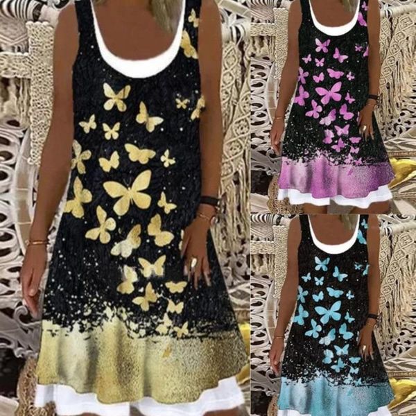 

casual dresses summer women tank dress 2021 sleeveless floral print splice o neck mini butterfly loose, Black;gray