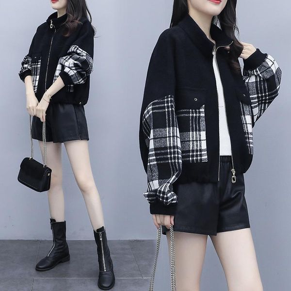 

women's wool & blends autumn and winter short woolen coat plaid stitching contrast color stand-up collar ladies, Black