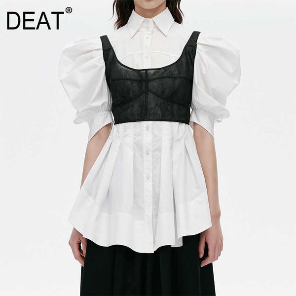 

[deat] summer fashion single-breasted puff sleeve solid color turn-down collar loose women shirt 13q300 210527, White