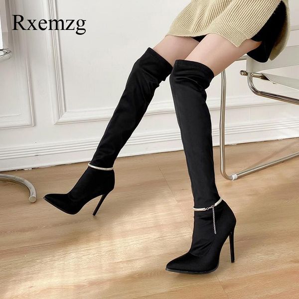 

boots rxemzg women 2022 women`s knee high stretch fabric pointed toe silver chain decoration designer heel long, Black