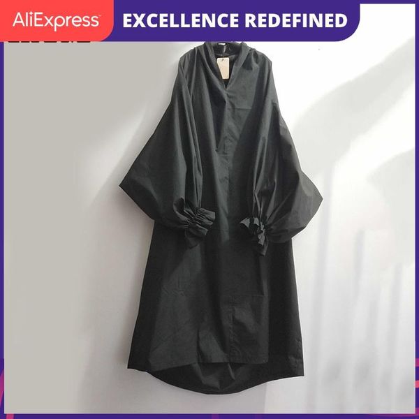 

casual dresses 2021 spring summer woman stylish black color pleated long puff sleeve v neck loose draped big size dress lg029, Black;gray