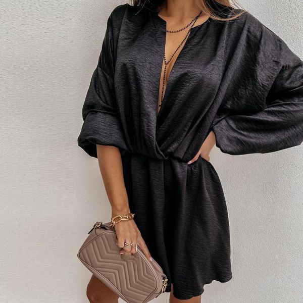 

casual dresses autumn dress for women summer soild v-neck long sleeveless ankle-length ladies fashion mini, Black;gray
