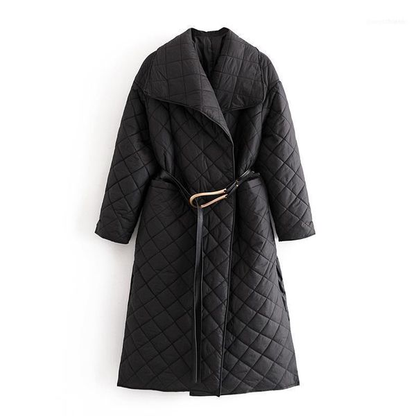 

women's down & parkas causal women turn collar parker 2021 fashion ladies cotton overcoat streetwear female sashes loose outercoat chic, Black