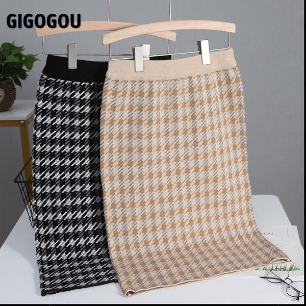 

houndstooth knitted sweater elastic women skirts high waist midi pencil bodycon long jupe femme faldas, Black