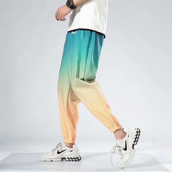 

pants men's trousers summer thin color gradient beam feet sports loose viscose fiber capri-pants, Black