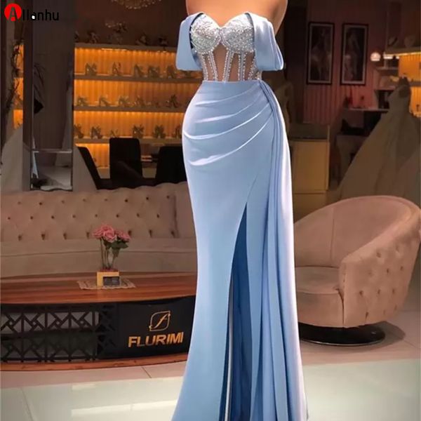 2022 Satin Abendkleider Meerjungfrau Formale Kleid Frauen Front Schlitz Weg Von Der Schulter Prom Party Kleider 5s4