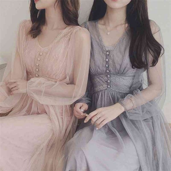 

fall brand women dress v-neck puff sleeve mesh midi plus size fairy tulle lace elegant long vestidos 210630, Black;gray
