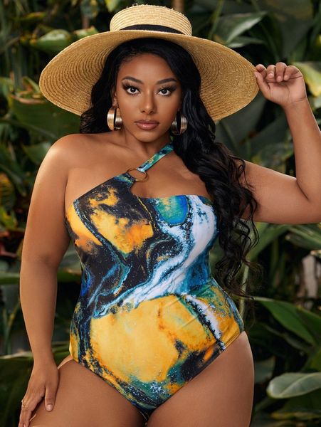 

plus allover print ring linked one piece swimsuit q3ds#, Black