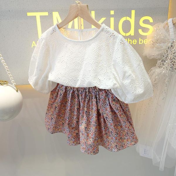 

clothing sets 3-8 years little girls round collar suit, kid middle sleeve short skirt outfits, lace flower printing two-pieces set, White