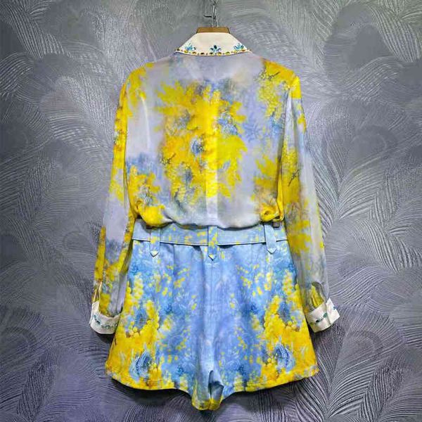 

pants seqinyy causal blue suit summer spring fashion design feminine runway frilly shirt + shorts luxury yellow flower print accounts, White