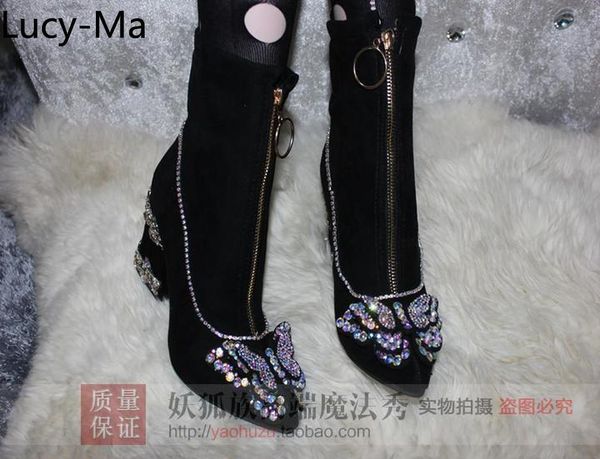 

boots womens rhinestones crystal butterfly diy decor pointy toe ankle block high heels stretchy shoes central zip black