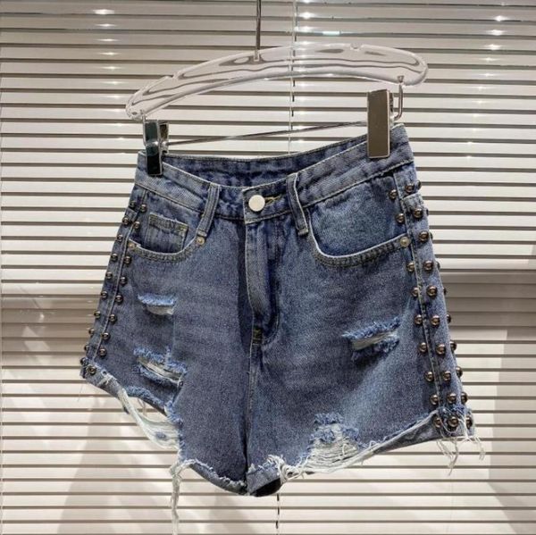 

women's shorts fashion side rivet design made old hole wash bottom denim women high street jean s652, White;black