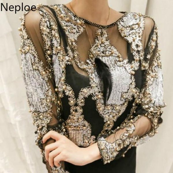 

neploe 2021 korean blouses for women elegant ladies beading sequined mesh see throught shirt long sleeve blusas 39100 women's & sh, White