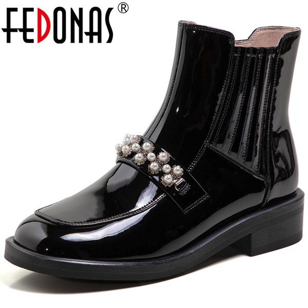 

boots fedonas pearl decoration ankle for women 2021 winter genuine leather thick heels pumps female working basic shoes woman, Black